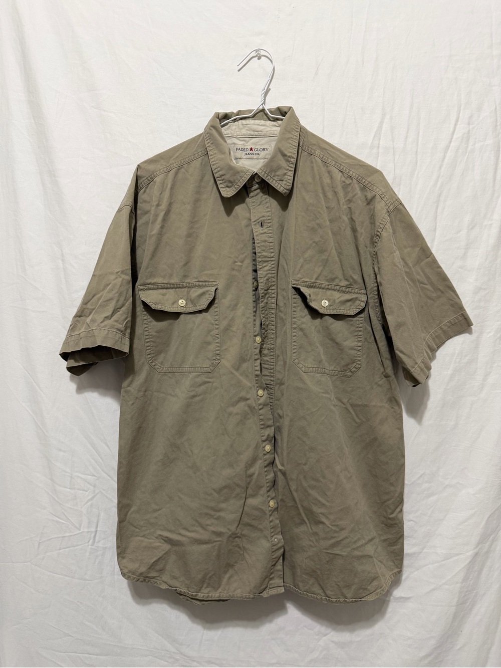 Faded Glory Men's Khaki Button-Up Shirt Short Sleeve Pockets Utility Size L